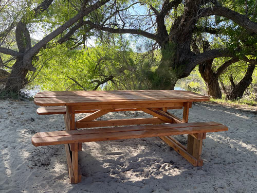 Large picnic table under tree at picnic site.